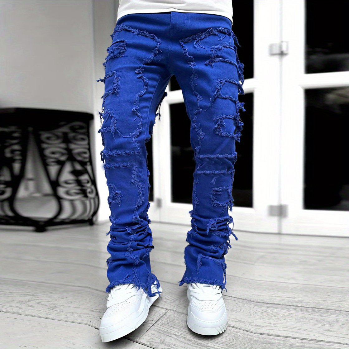 Distressed style stretch straight-leg jeans