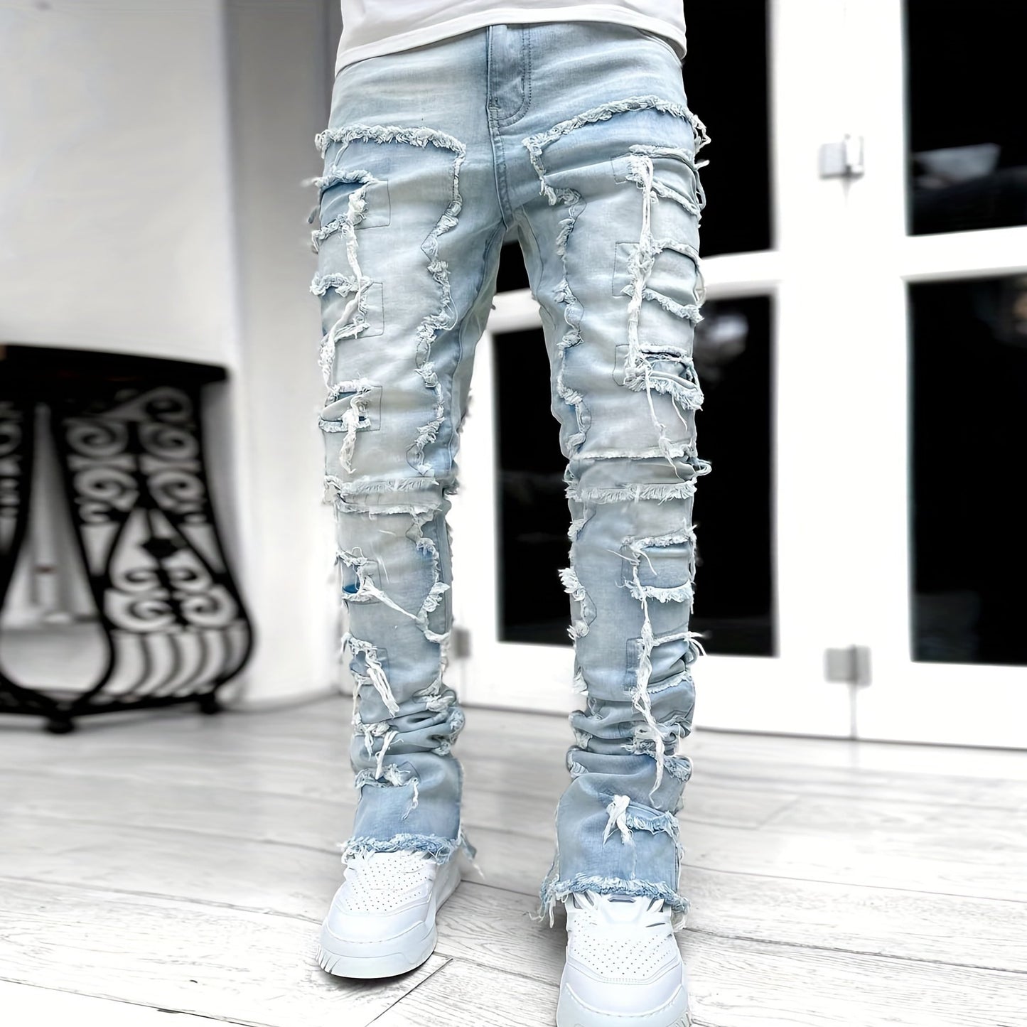 Distressed style stretch straight-leg jeans