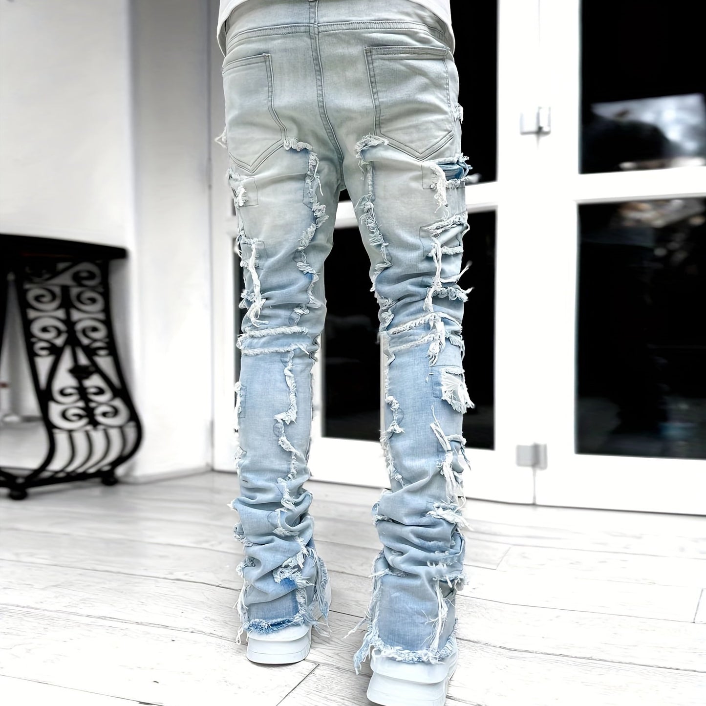 Distressed style stretch straight-leg jeans