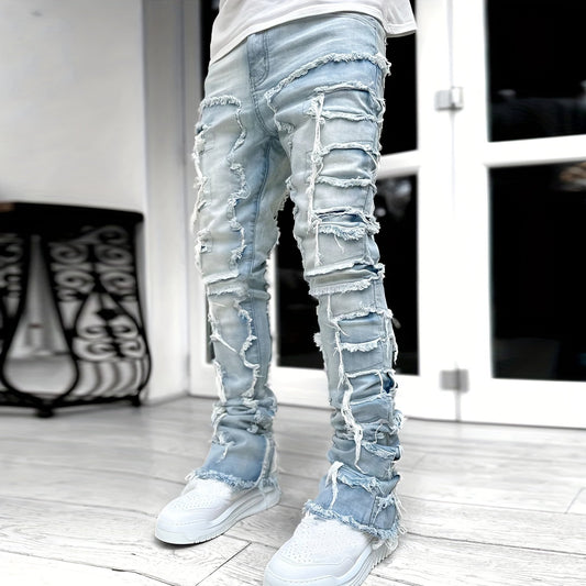 Distressed style stretch straight-leg jeans