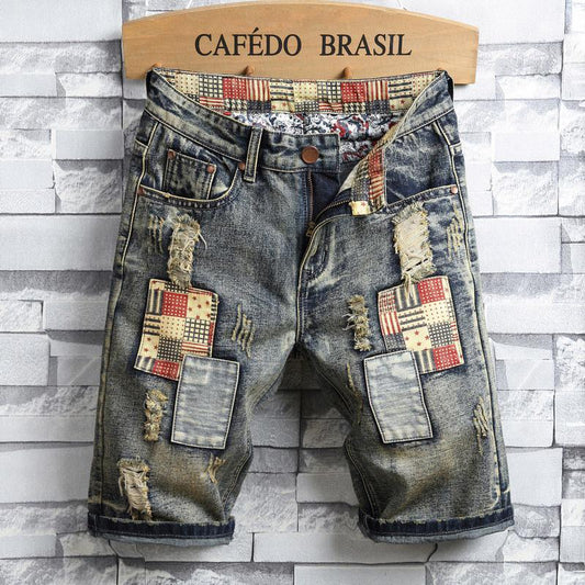 Art patch casual denim shorts