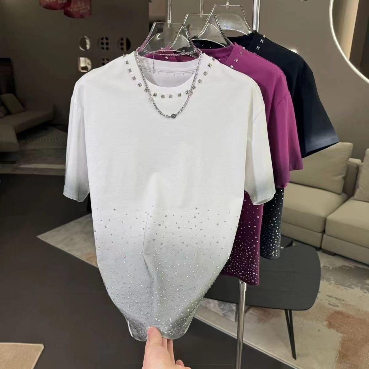 Rhinestone studded round neck T-shirt