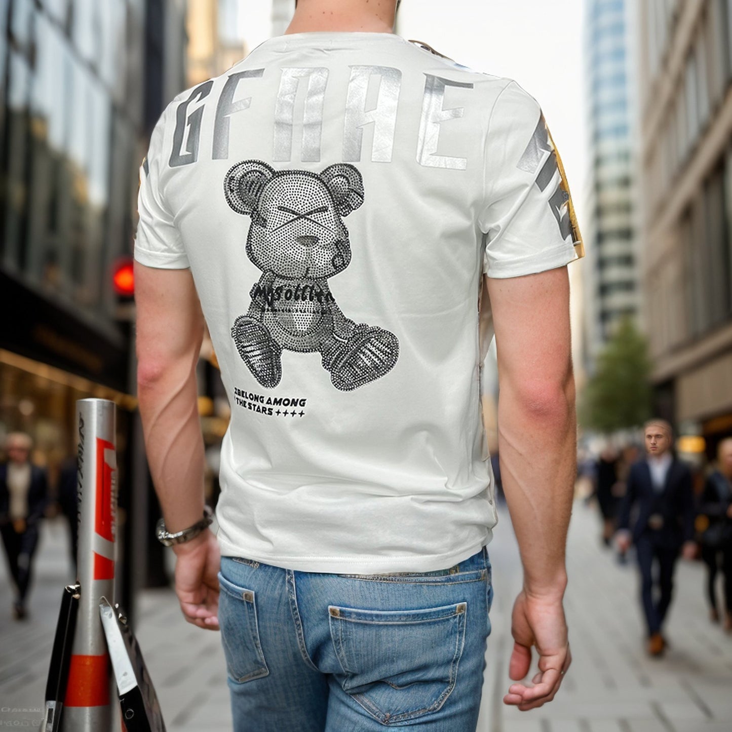 Rhinestone bear letter print T-shirt