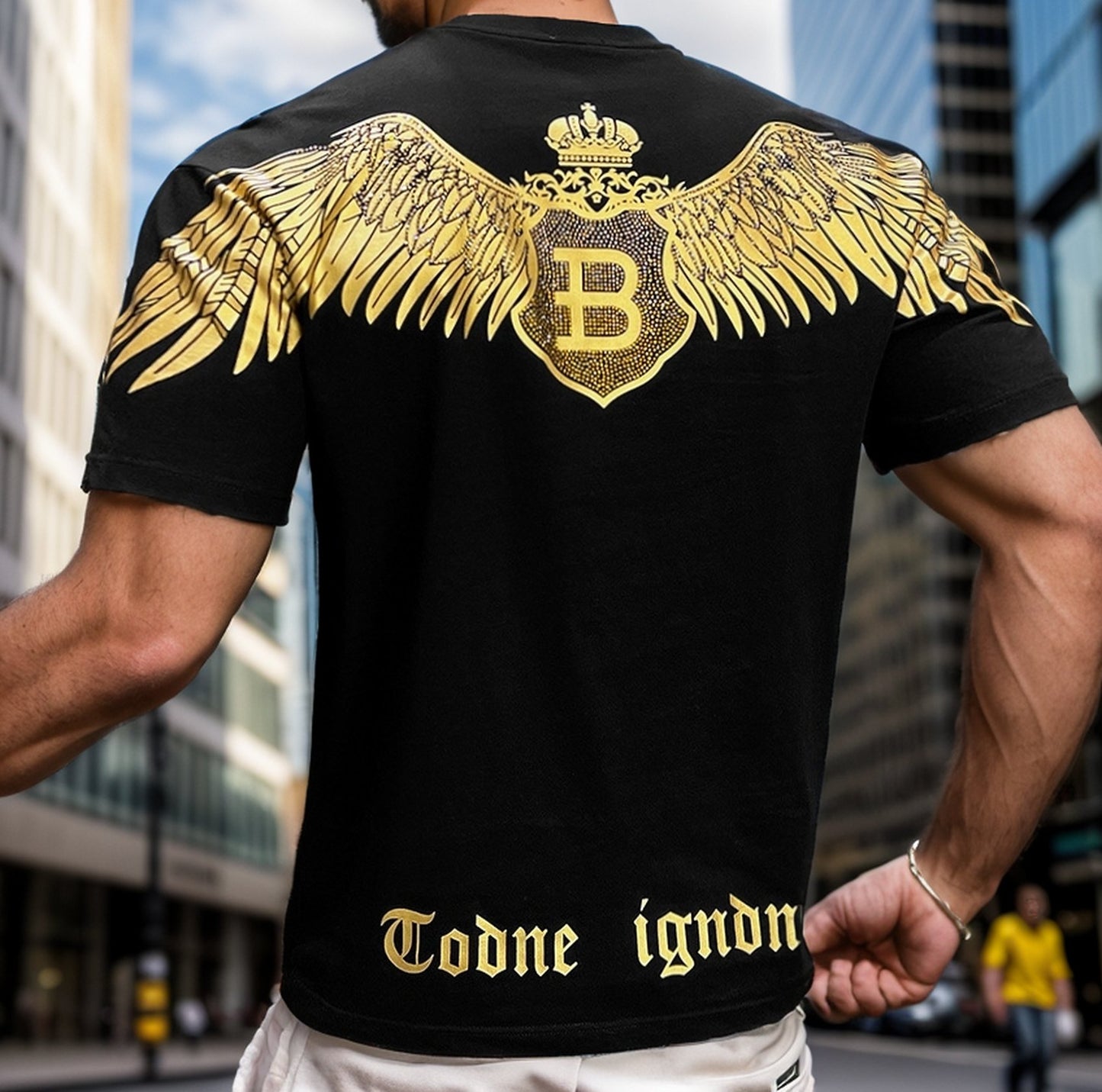 Gold Painted Wings Rhinestone T-Shirt