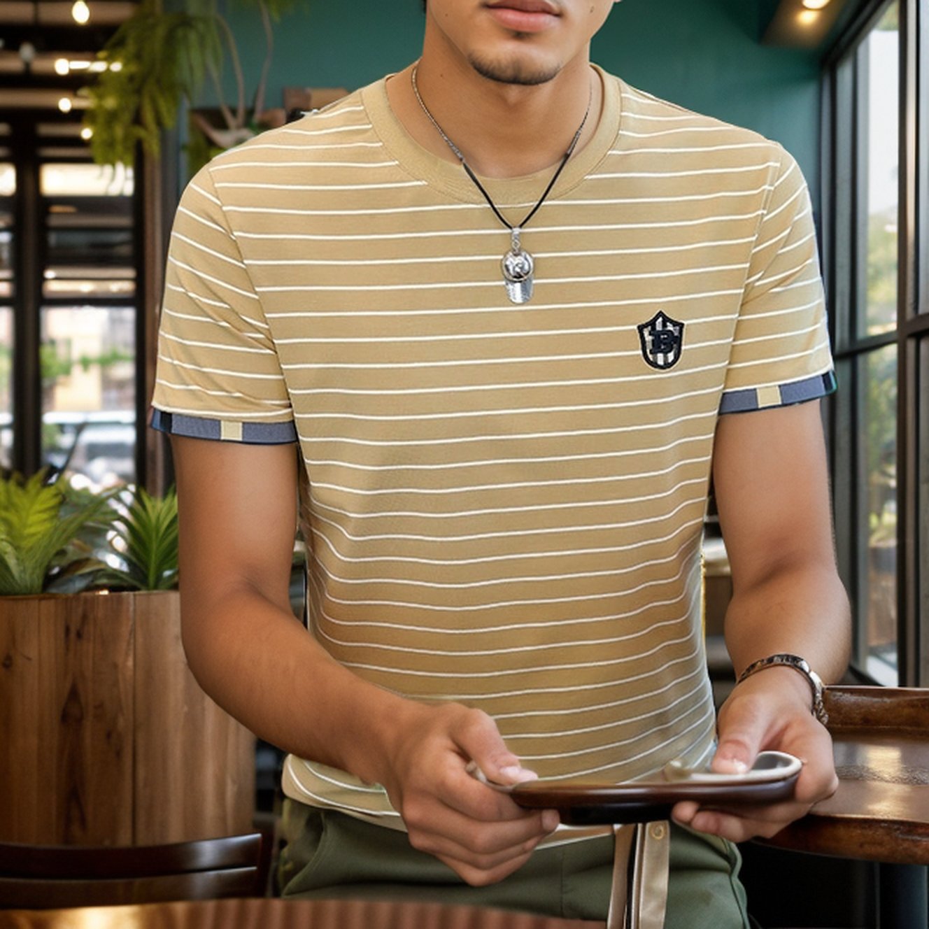 Horizontal striped stretch T-shirt