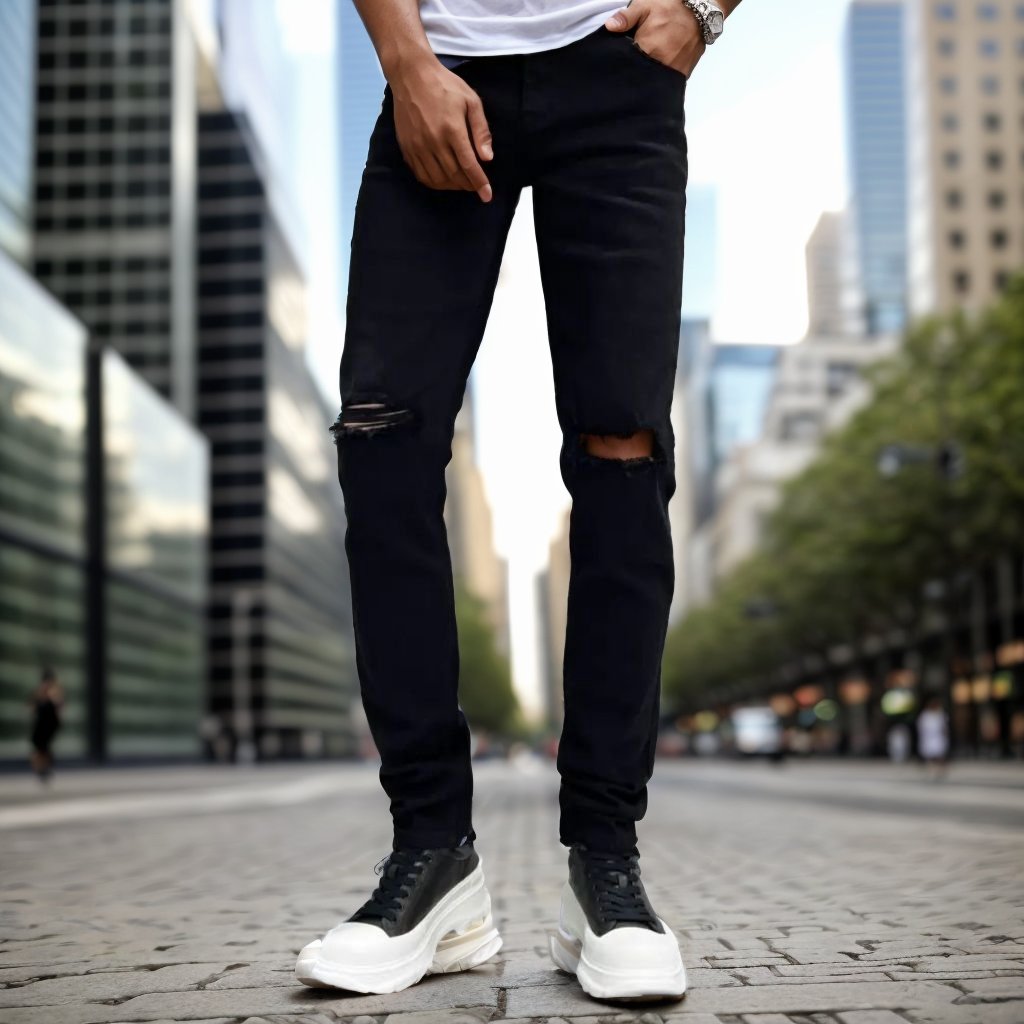 Stretch simple ripped jeans