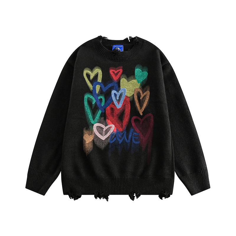 Heart printed broken knitted sweater