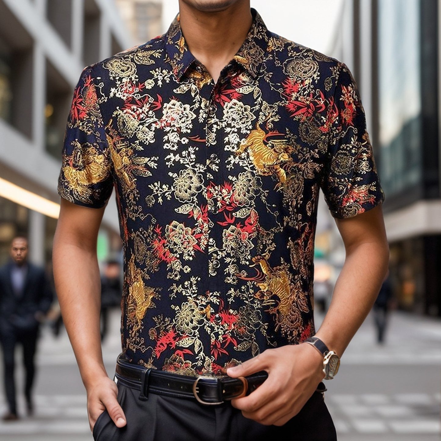 Gilded Ice Silk Short Sleeve Floral Shirt