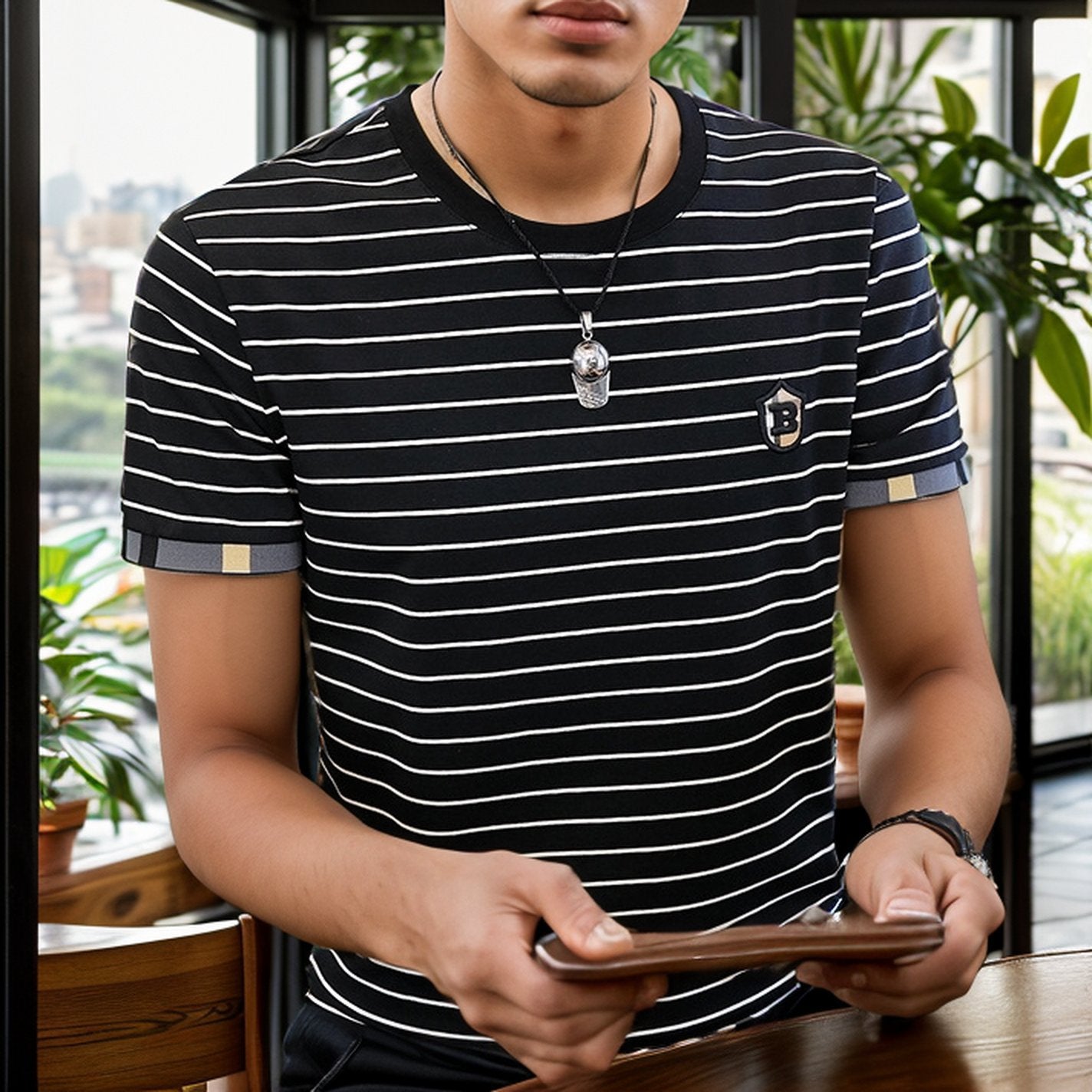 Horizontal striped stretch T-shirt