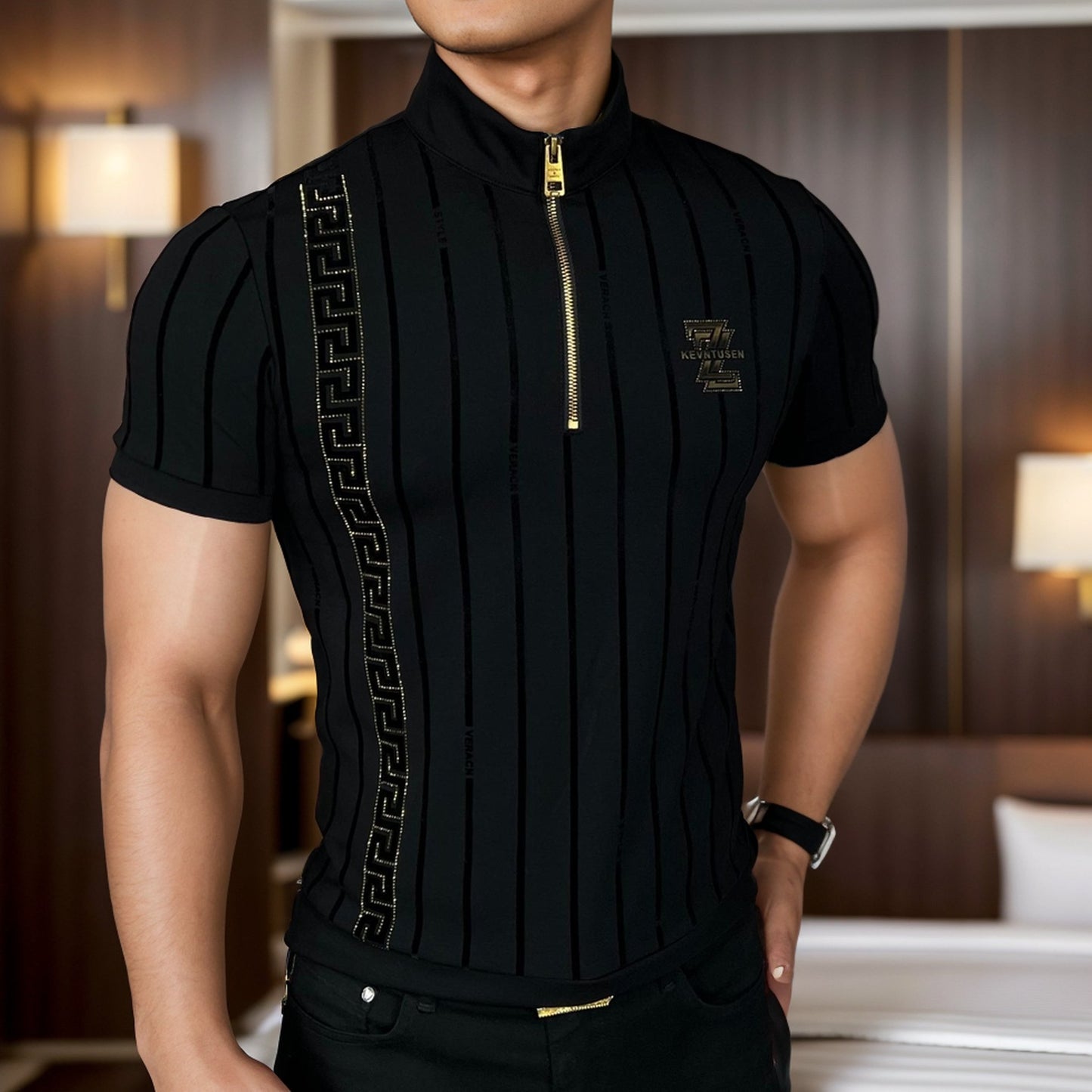 ZZ vertical stripe rhinestone zipper polo shirt