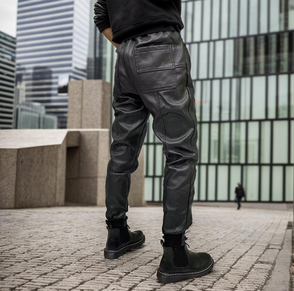 Windproof slim-fit leather pants