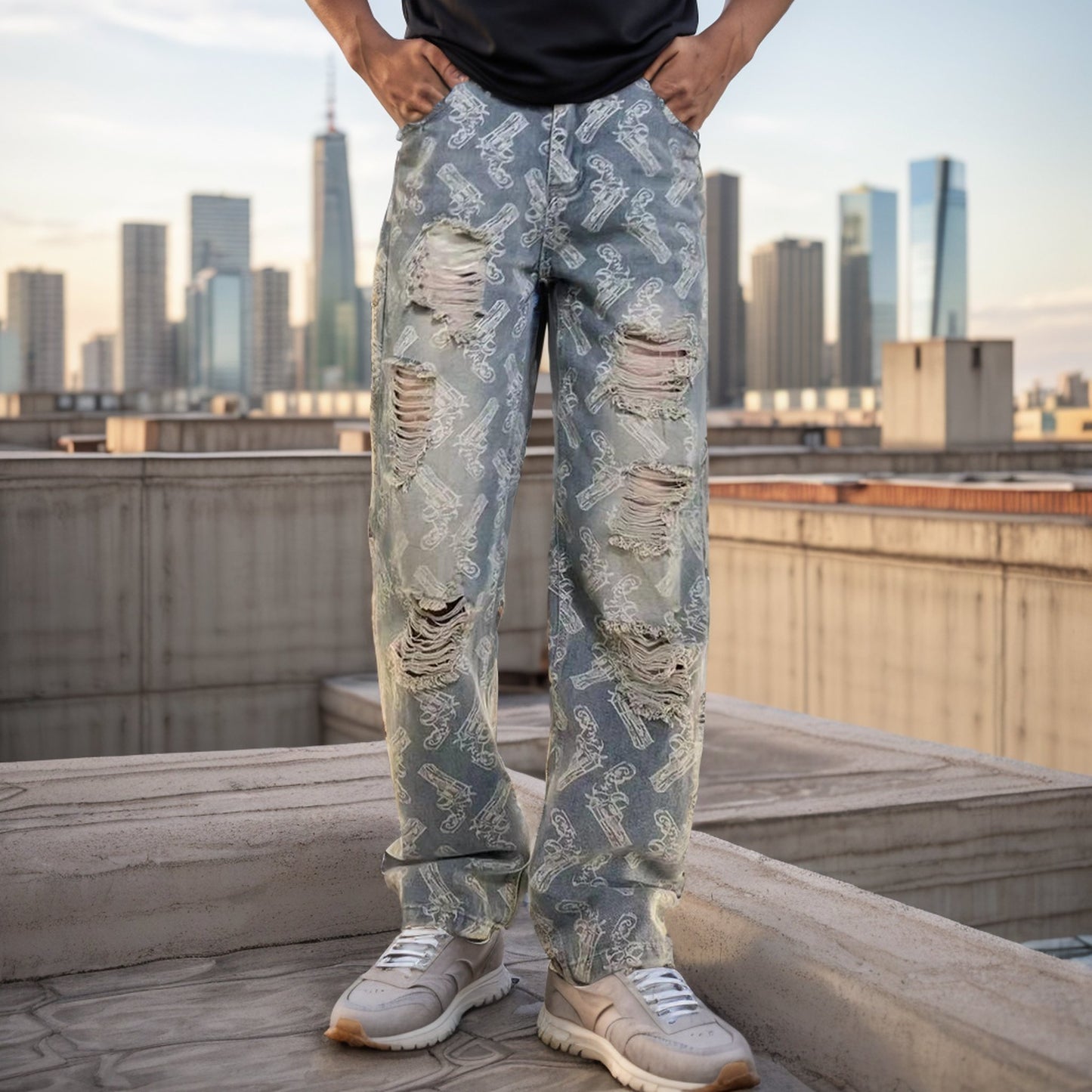 Ripped Pistol Printed Loose Jeans