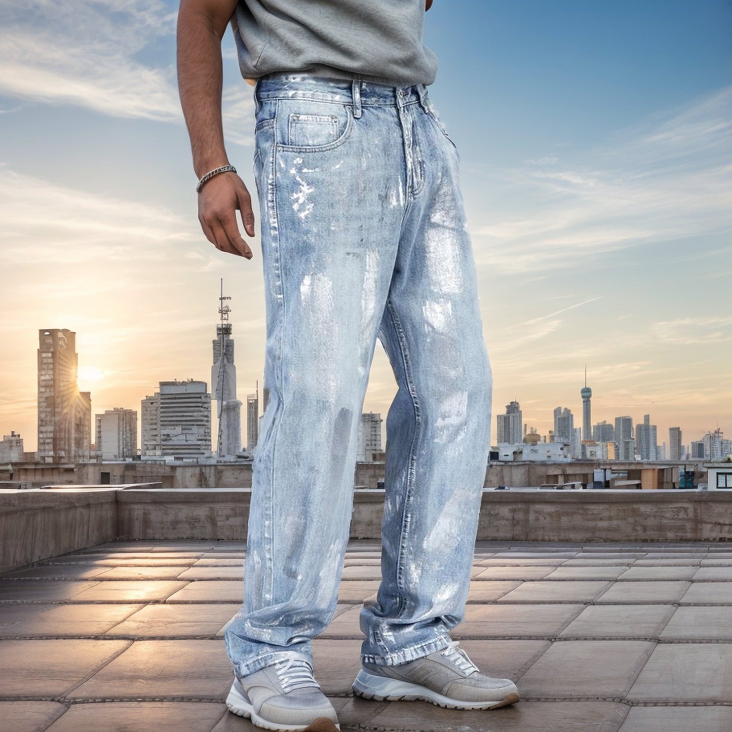 Silver paint loose wide-leg jeans