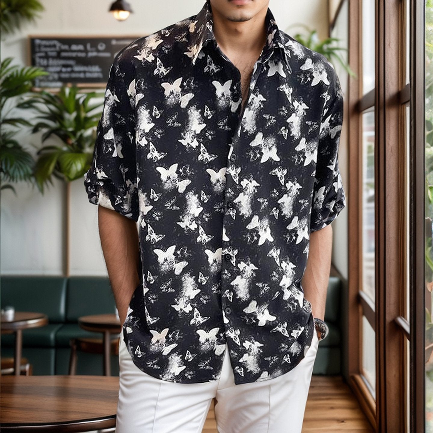 Butterfly print cool mid-sleeve shirt