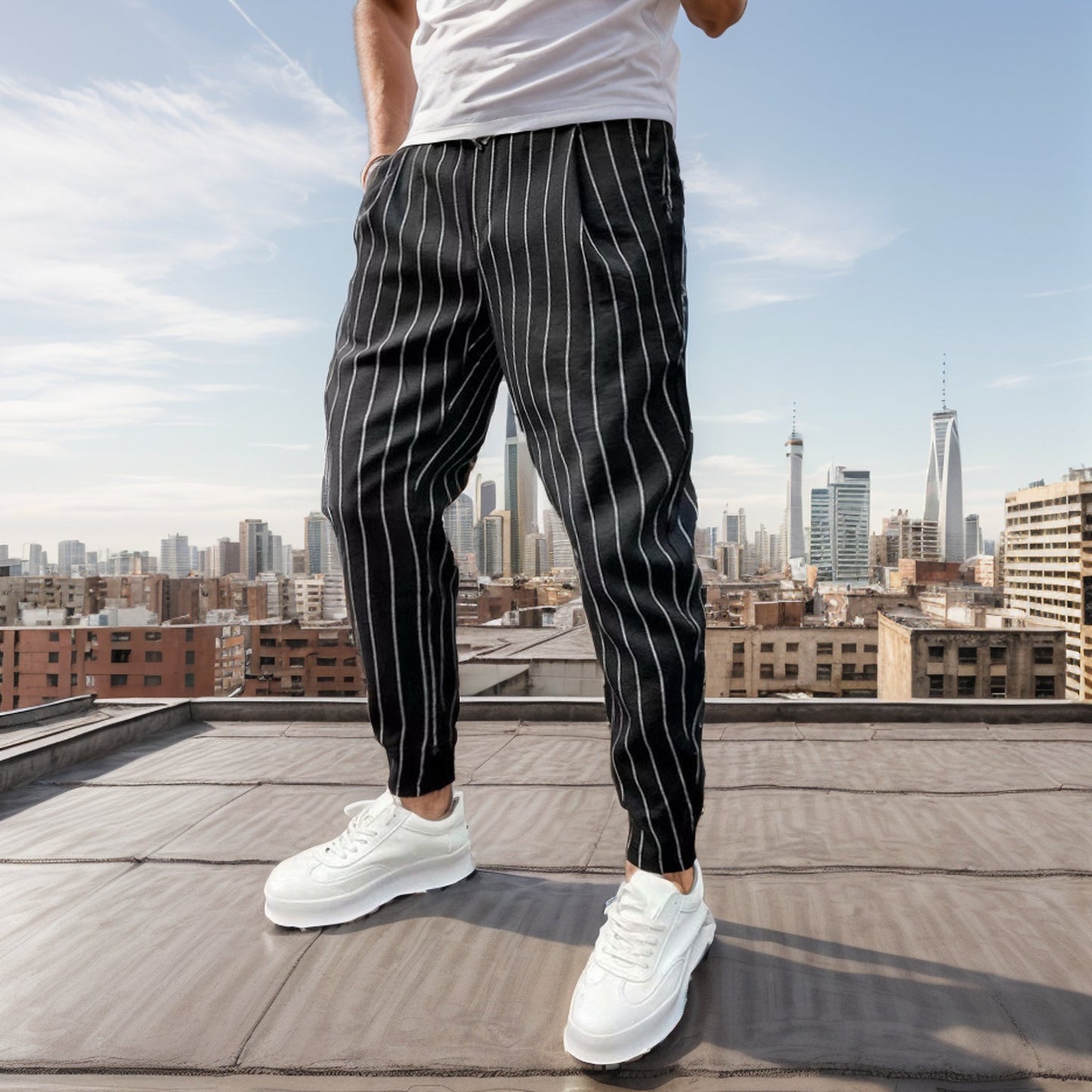 Striped slim-fit casual trousers