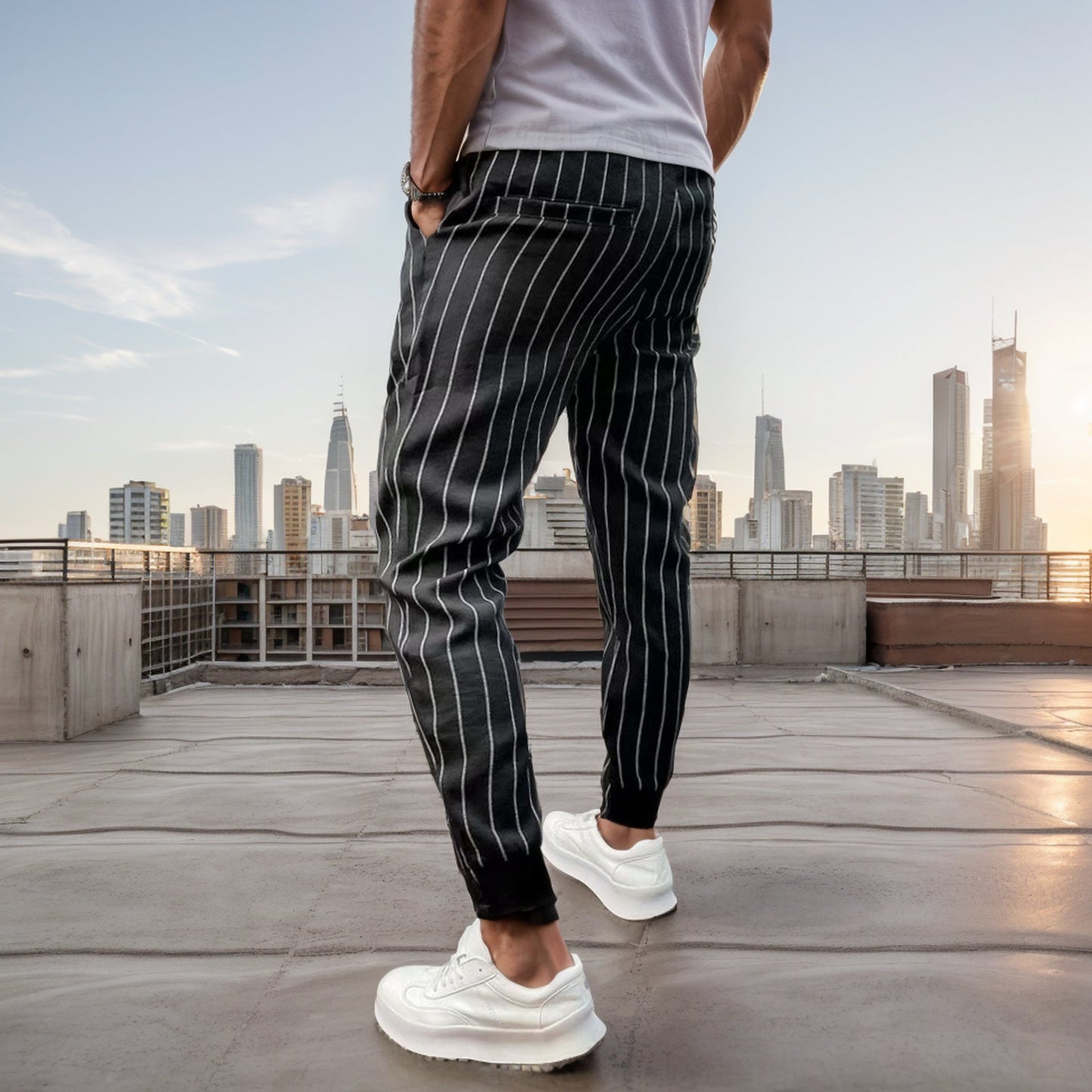 Striped slim-fit casual trousers