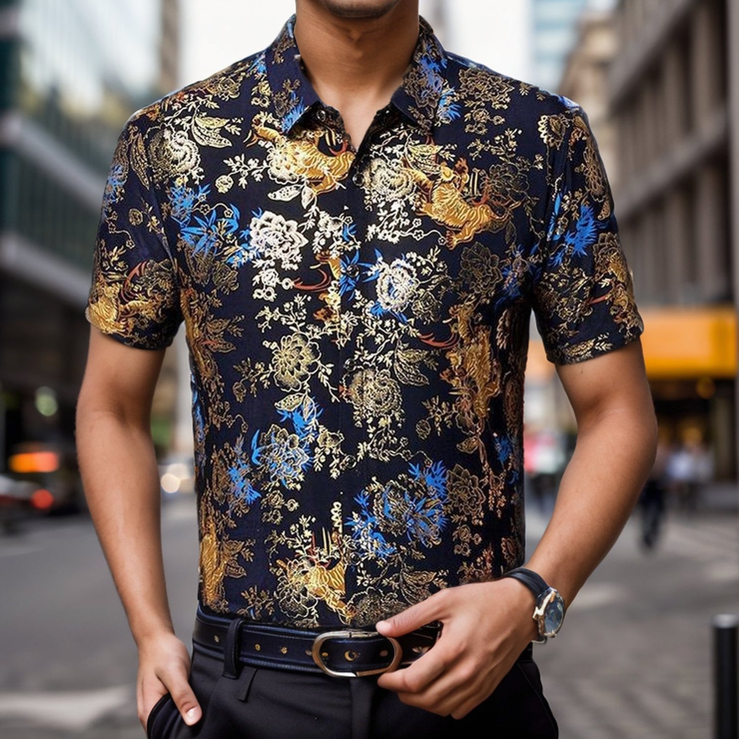 Gilded Ice Silk Short Sleeve Floral Shirt