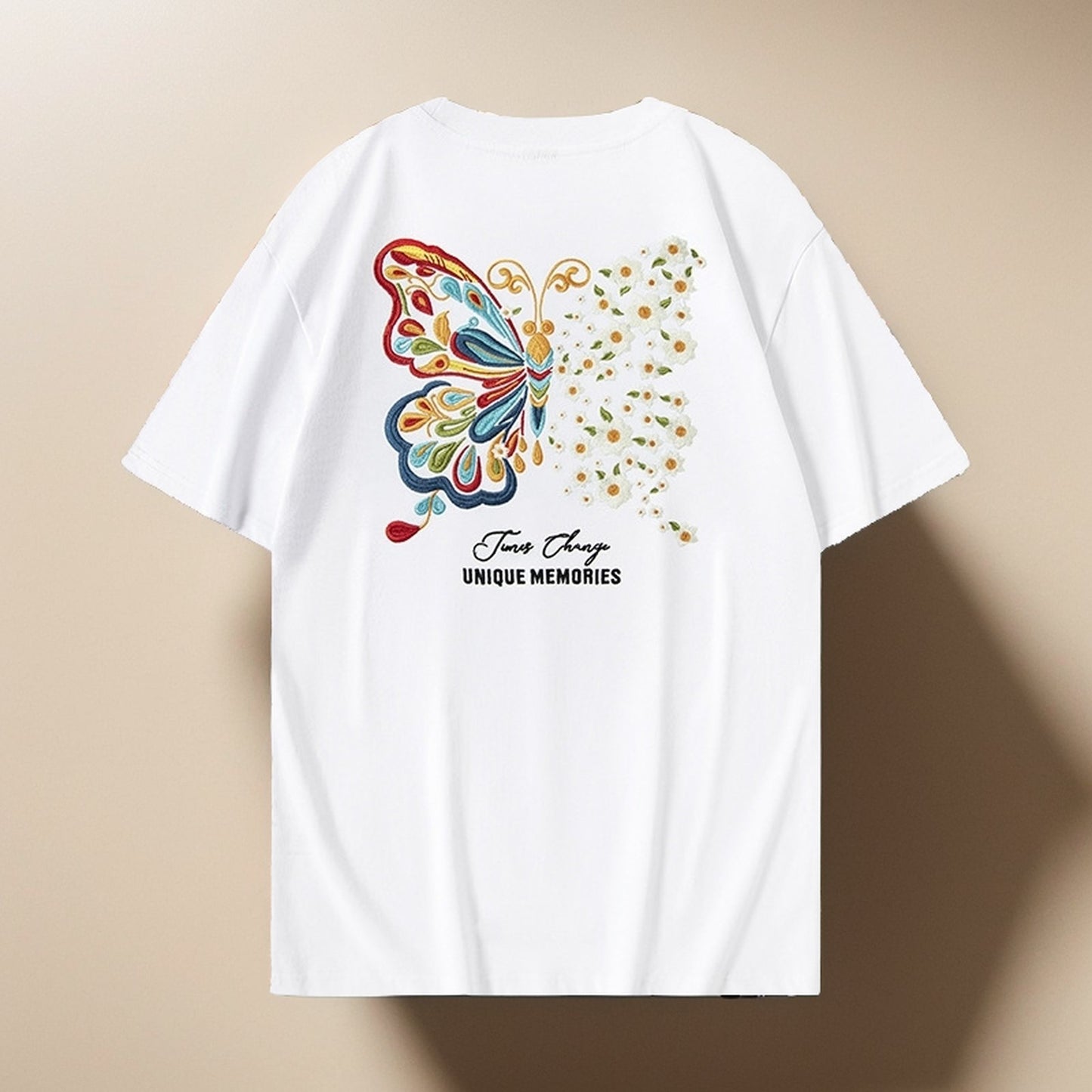 UV color changing butterfly and floral embroidered T-shirt