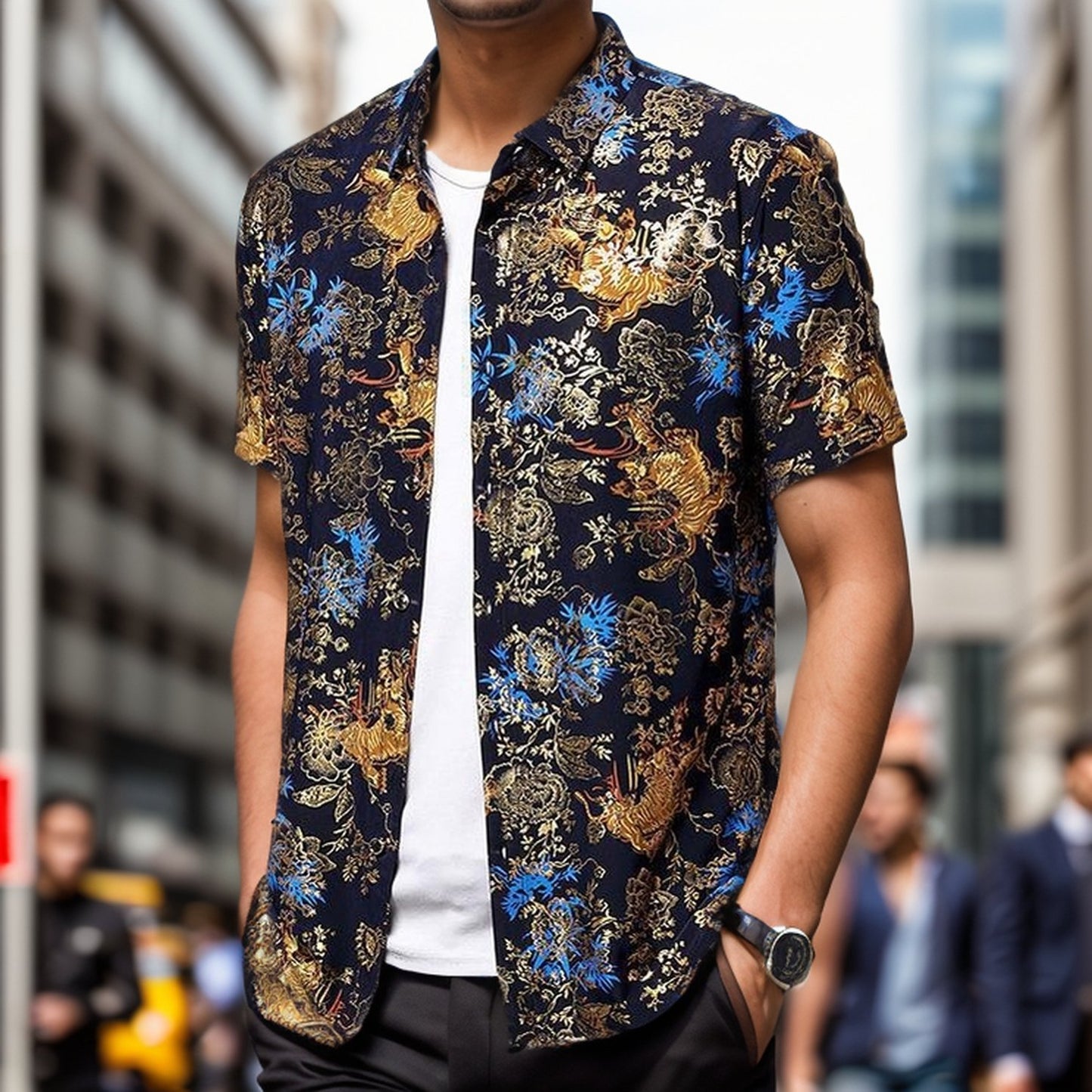 Gilded Ice Silk Short Sleeve Floral Shirt