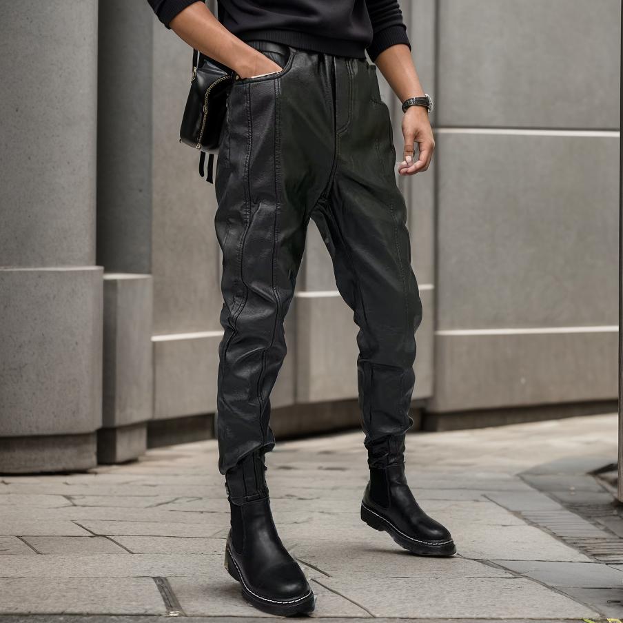 Windproof slim-fit leather pants