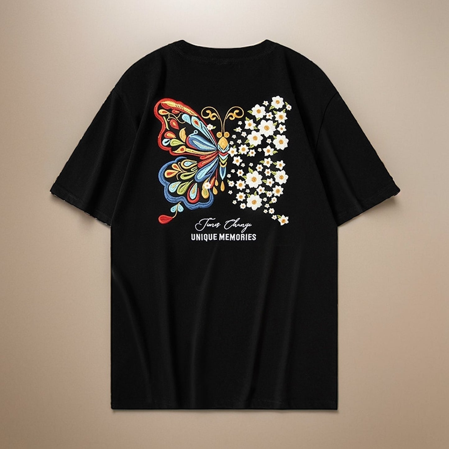 UV color changing butterfly and floral embroidered T-shirt