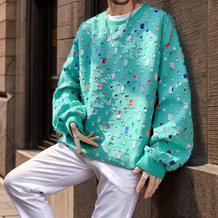 Ripped color long-sleeve cotton top