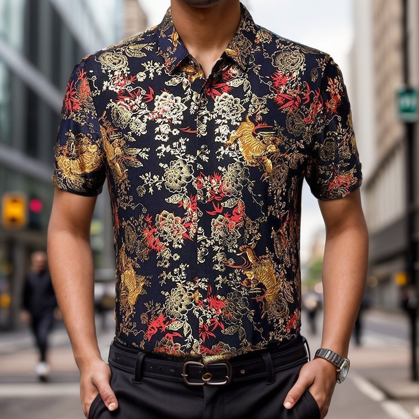 Gilded Ice Silk Short Sleeve Floral Shirt