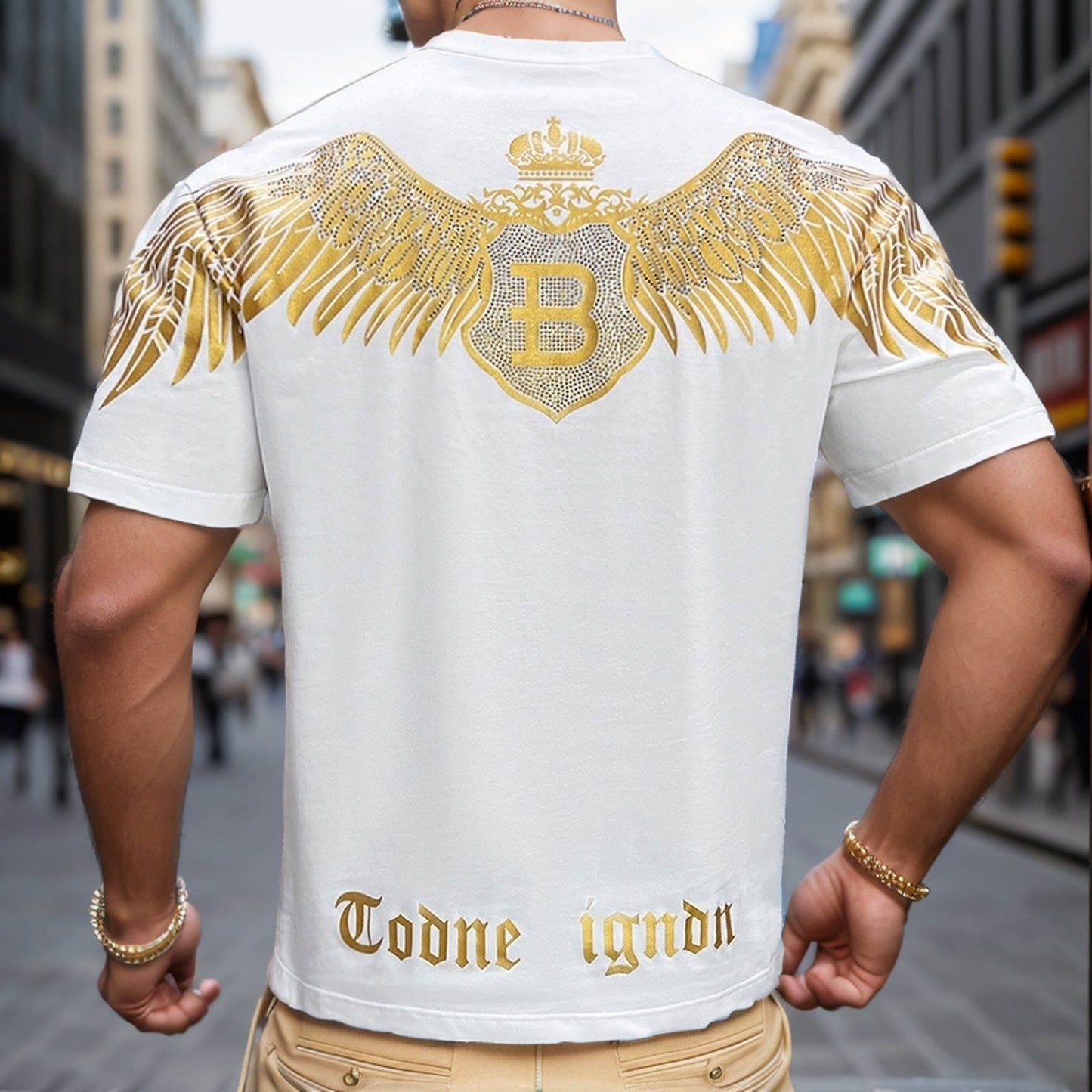 Gold Painted Wings Rhinestone T-Shirt