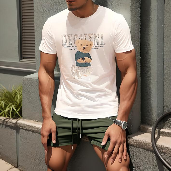 Bear print ironed diamond slim fit T-shirt