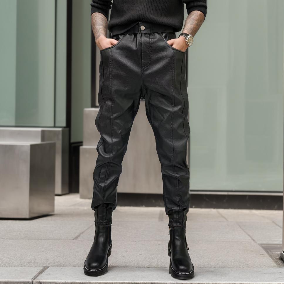 Windproof slim-fit leather pants