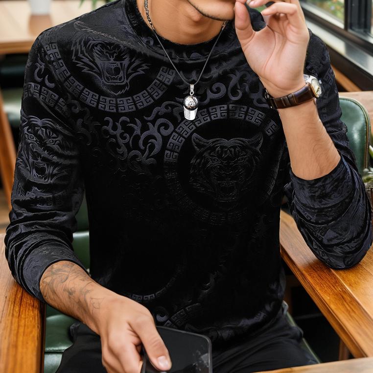 Jacquard tiger texture velvet T-shirt