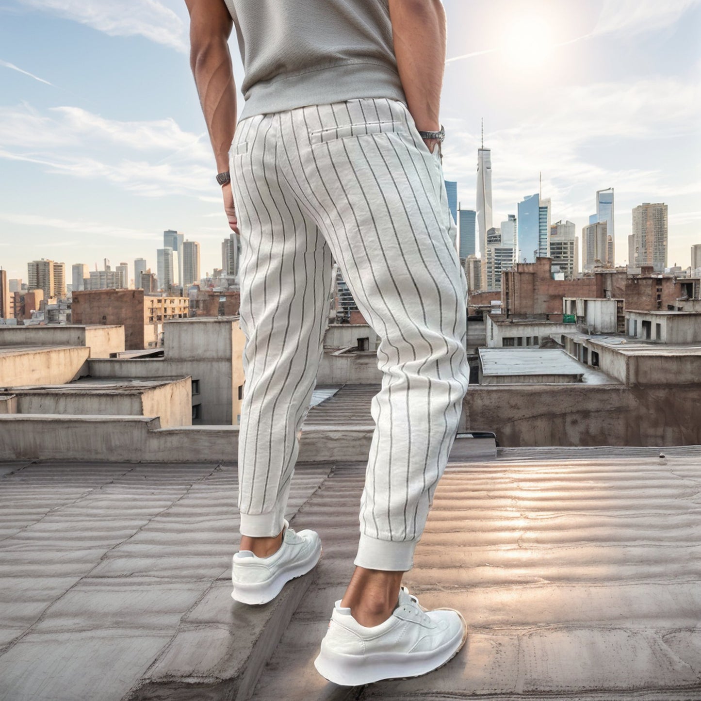 Striped slim-fit casual trousers