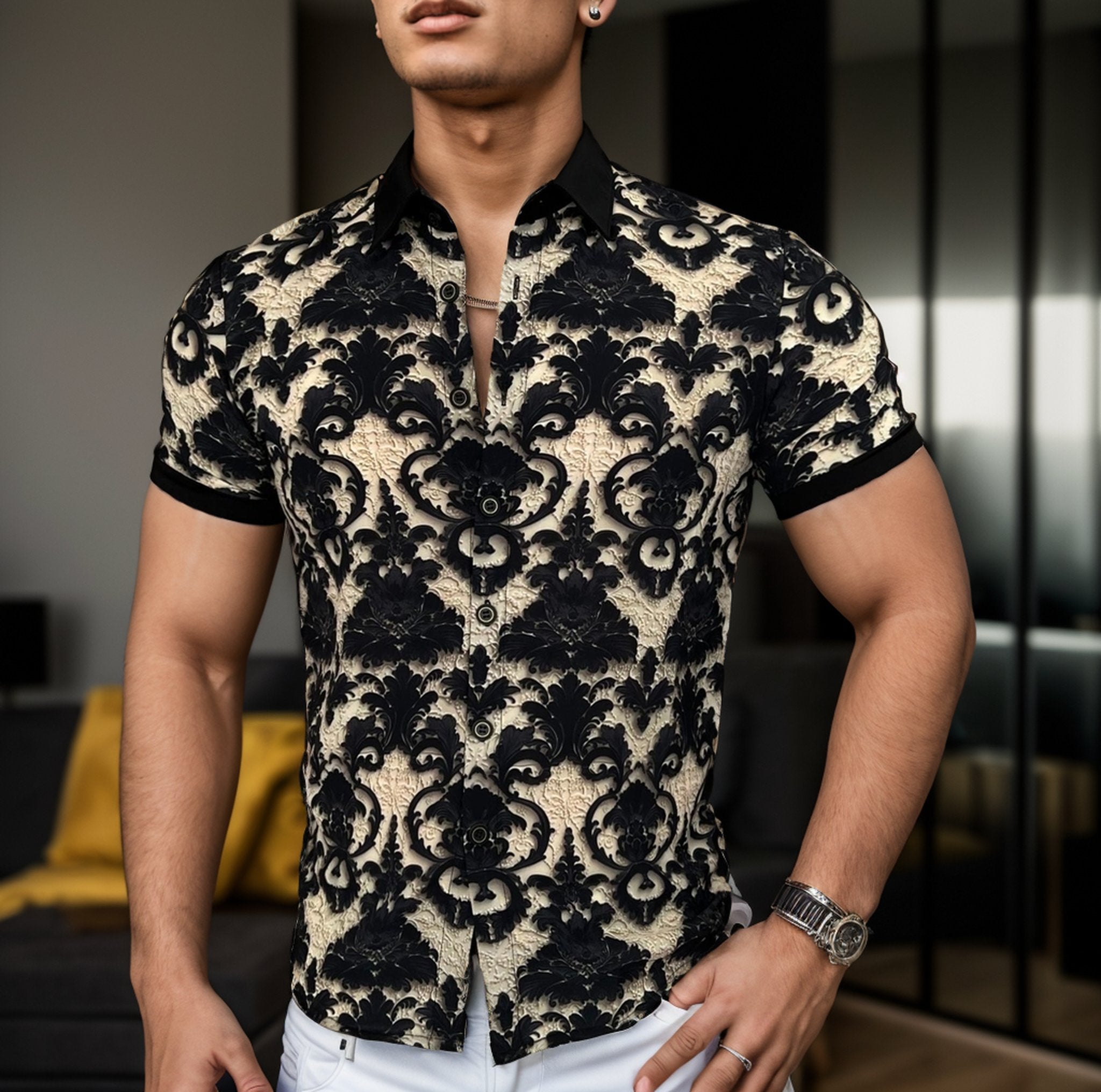 Retro palace relief stone texture shirt – voguishli