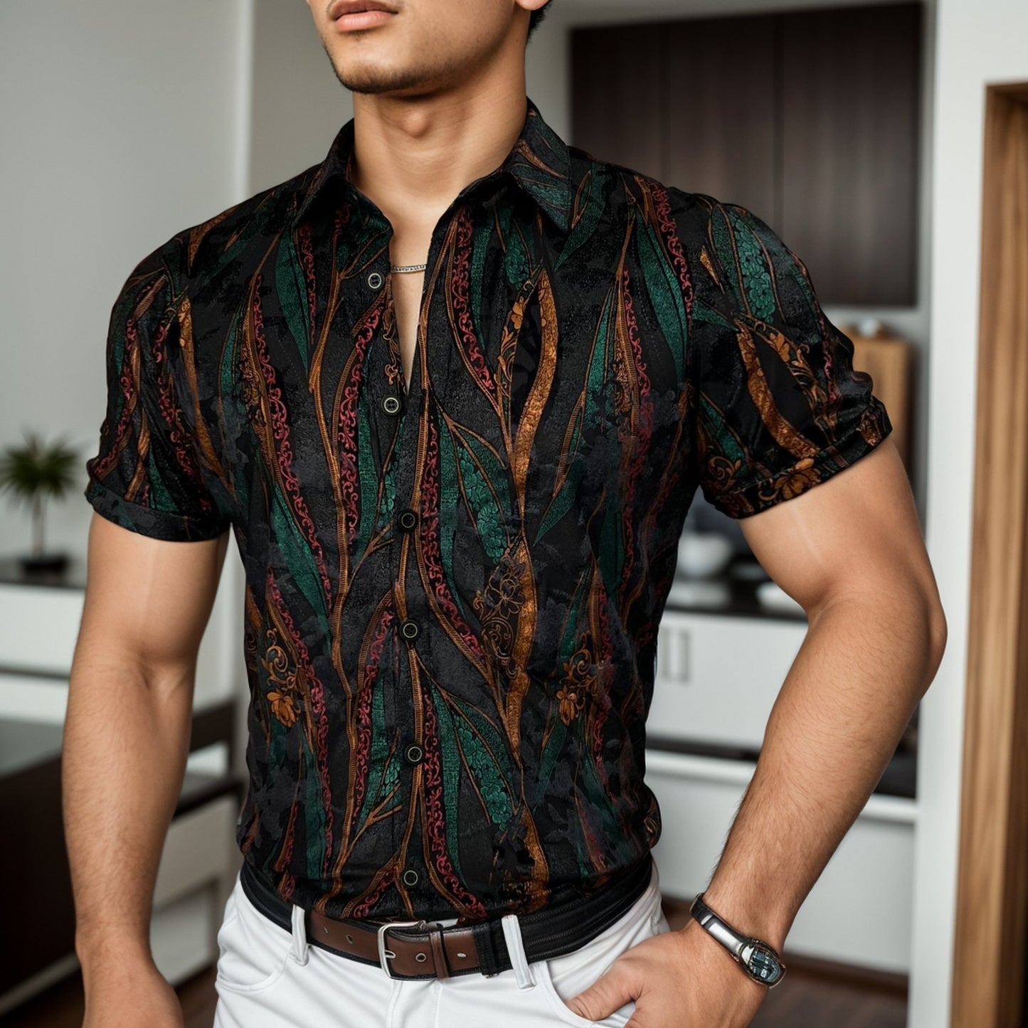 Textured stretch breathable short-sleeved shirt