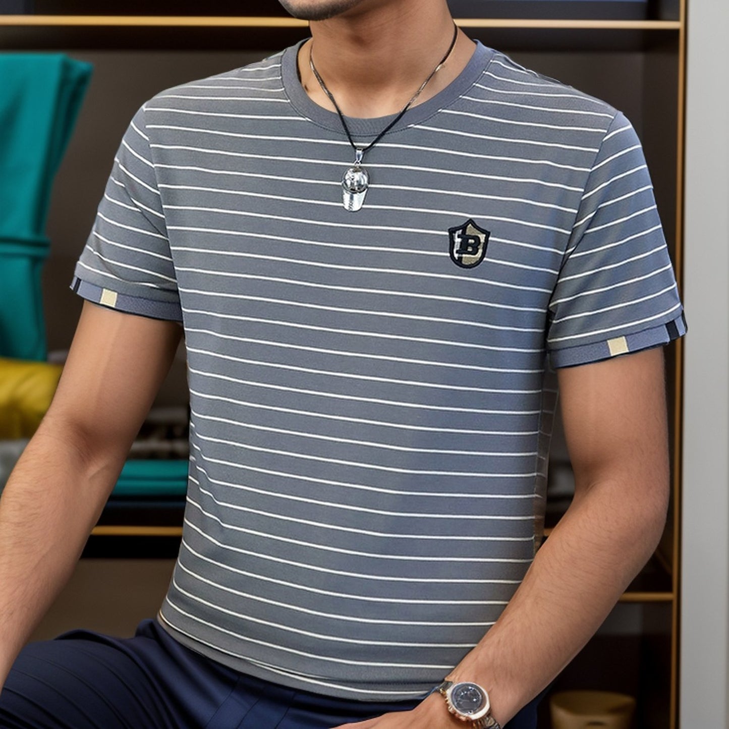 Horizontal striped stretch T-shirt