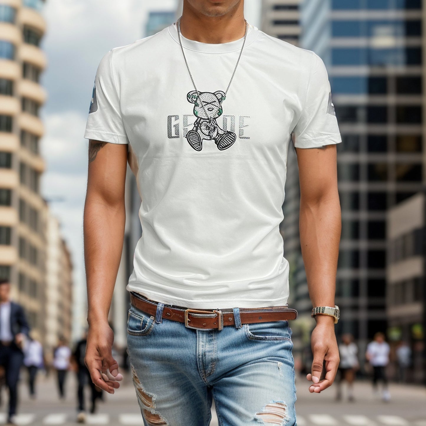 Rhinestone bear letter print T-shirt