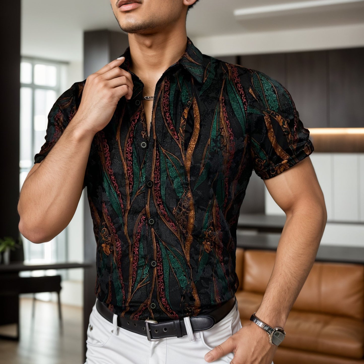 Textured stretch breathable short-sleeved shirt